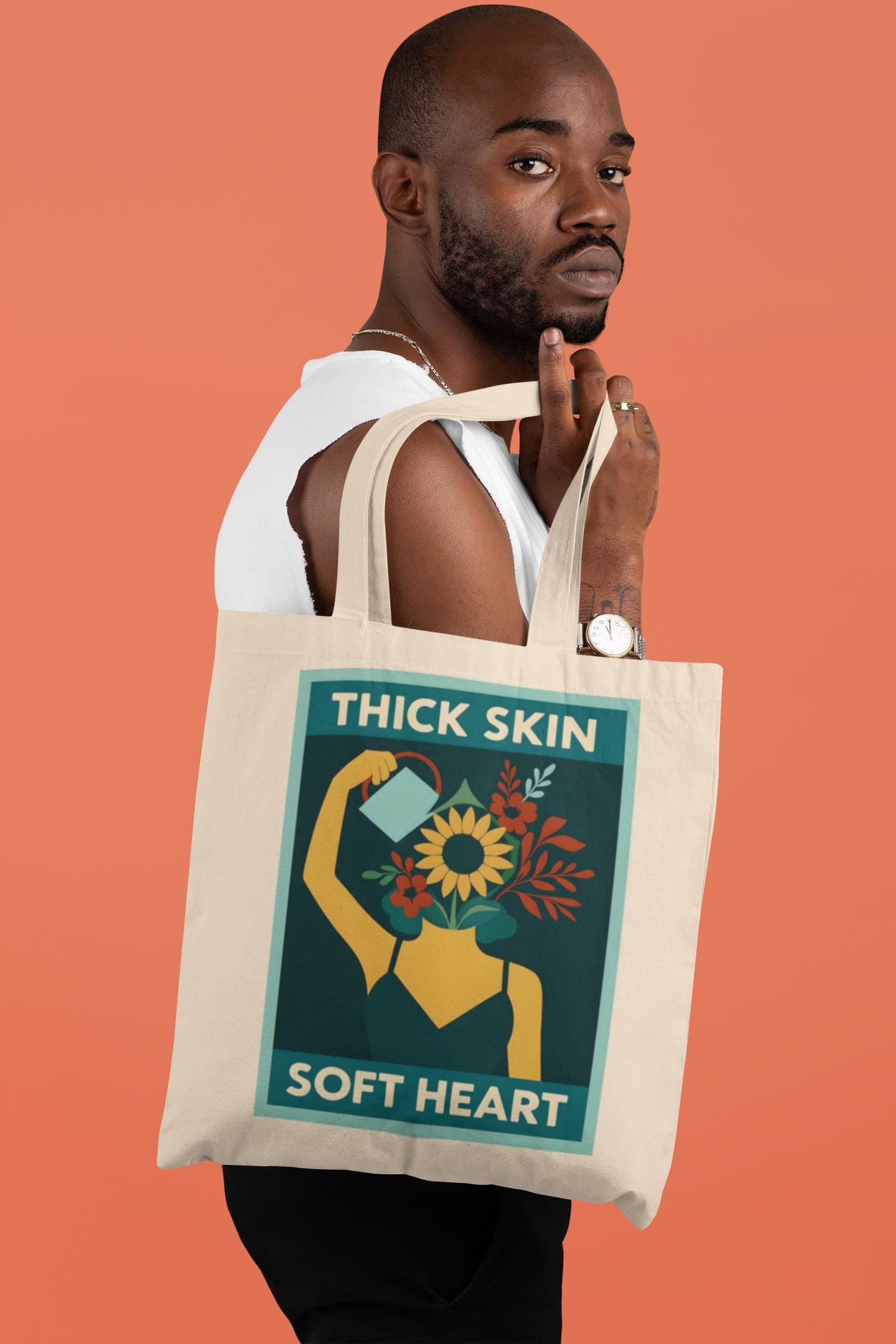 Thick Skin Soft Heart Cotton Canvas Tote Bag, Eco-Friendly Shopper, Motivational Gift, Reusable Tote, Grocery Bag, Floral Design