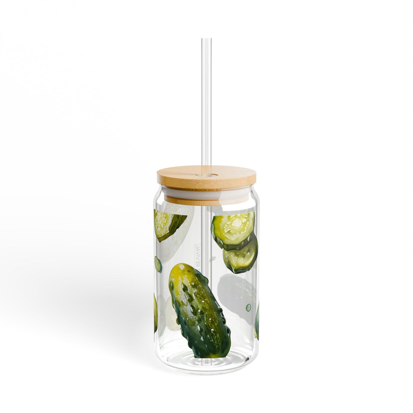 Pickle Sipper Glass 16oz Iced Coffee Cup with Bamboo Lid and Straw | Colorful Glassware and Pickle Gifts