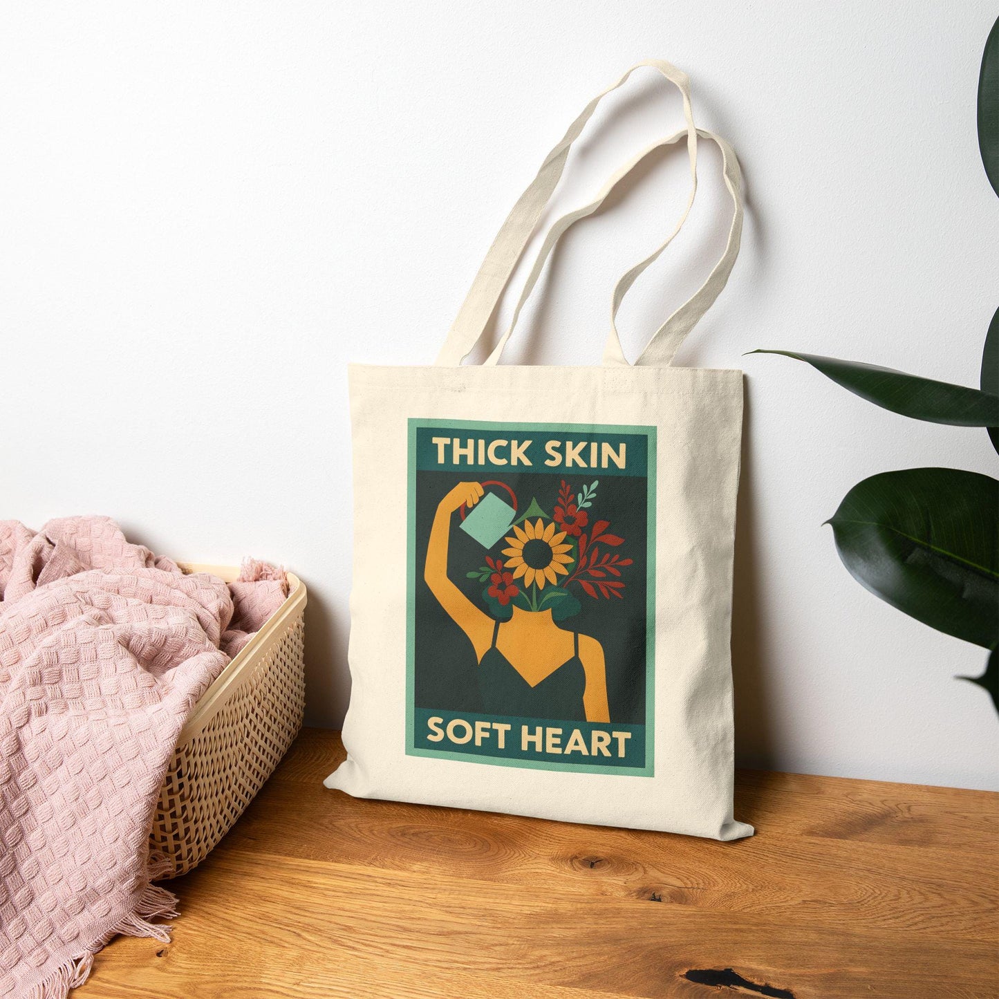 Thick Skin Soft Heart Cotton Canvas Tote Bag, Eco-Friendly Shopper, Motivational Gift, Reusable Tote, Grocery Bag, Floral Design