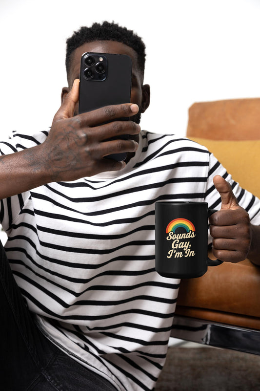 Rainbow Pride Mug - Sounds Gay, I'm In - LGBTQ+ Coffee Cup, Gift for Friends, Pride Month Celebration, Funny Mug, Black Coffee Mug