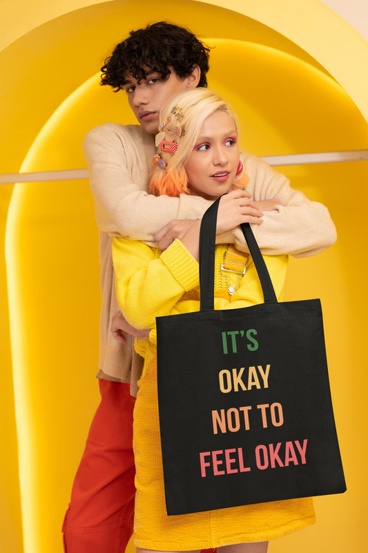 Mental Health Tote Bag - "It's Okay Not to Feel Okay" - Cotton Canvas Gift for Teachers, Friends, Self-Care & Earth Day