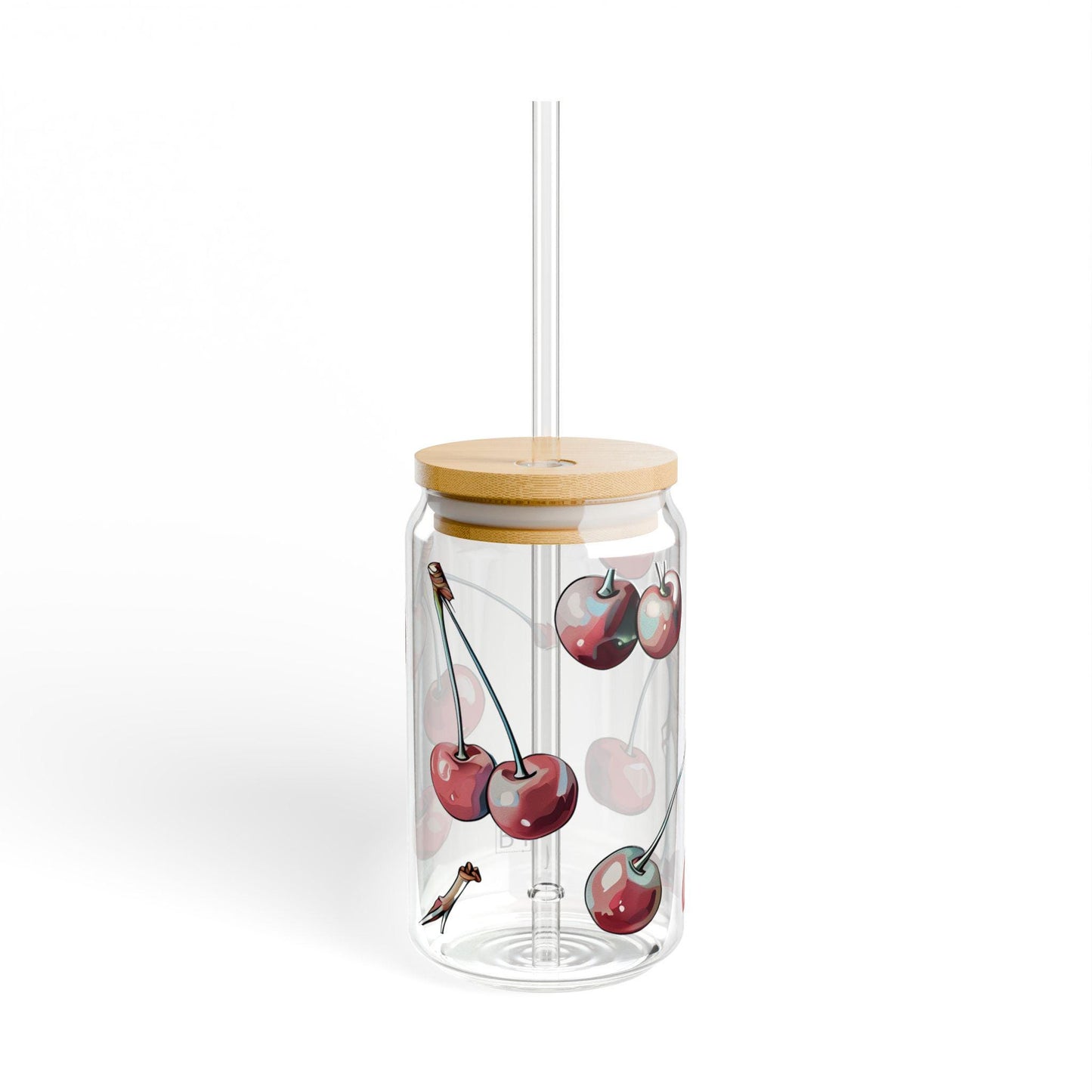 Cherry Sipper Glass 16oz Iced Coffee Cup with Bamboo Lid and Straw| Colorful Glassware and Coffee Bar Accessories