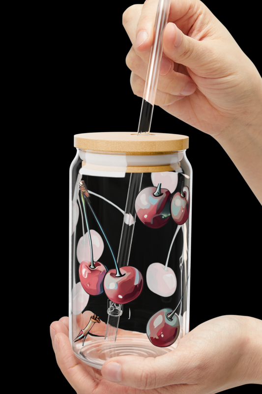 Cherry Sipper Glass 16oz Iced Coffee Cup with Bamboo Lid and Straw| Colorful Glassware and Coffee Bar Accessories