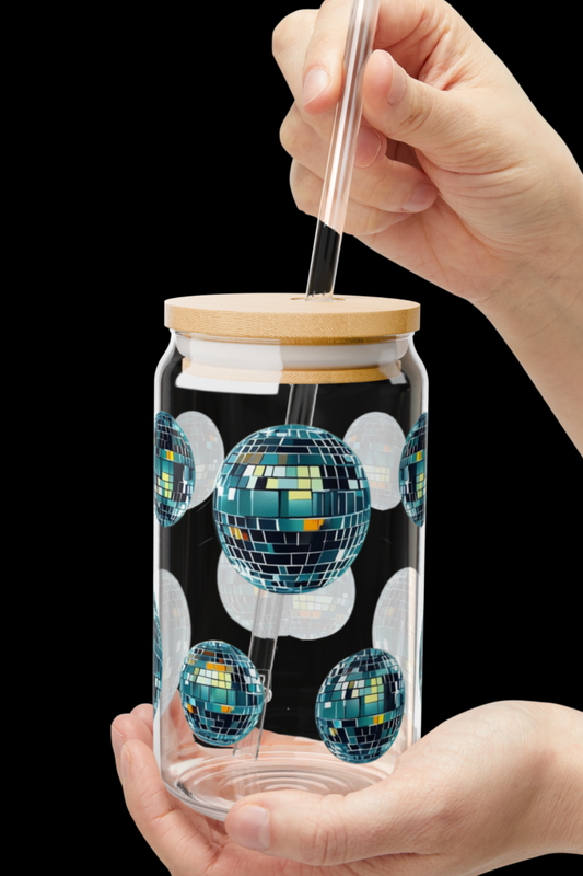 Disco Ball Sipper Glass 16oz Iced Coffee Cup with Bamboo Lid and Straw | Colorful Glassware and Dance Teacher Gifts