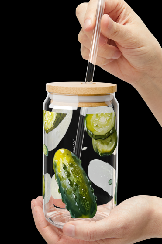 Pickle Sipper Glass 16oz Iced Coffee Cup with Bamboo Lid and Straw | Colorful Glassware and Pickle Gifts